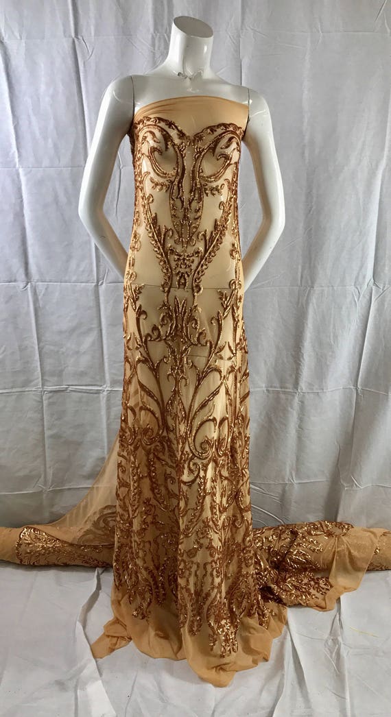 Matt Gold Damask Design Embroider With Sequins on a 2 Way Stretch Mesh-prom-nightgown-decorations-fashion-dreses-sold by the Yard. - Etsy Israel Matt Gold Damask Design Embroider With Sequins on a 2 Way Stretch Mesh-prom-nightgown-decorations-fashion-dreses-sold by the Yard. - Etsy Israel