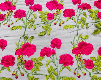 Fuchsia/black multi color floral design embroider on a black mesh lace-dresses-apparel-fashion-prom-nightgown-decorations-sold by the yard.