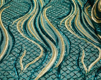 Hunter Green/Matte Gold sequin flame design on a 4 way stretch mesh-sold by the yard.