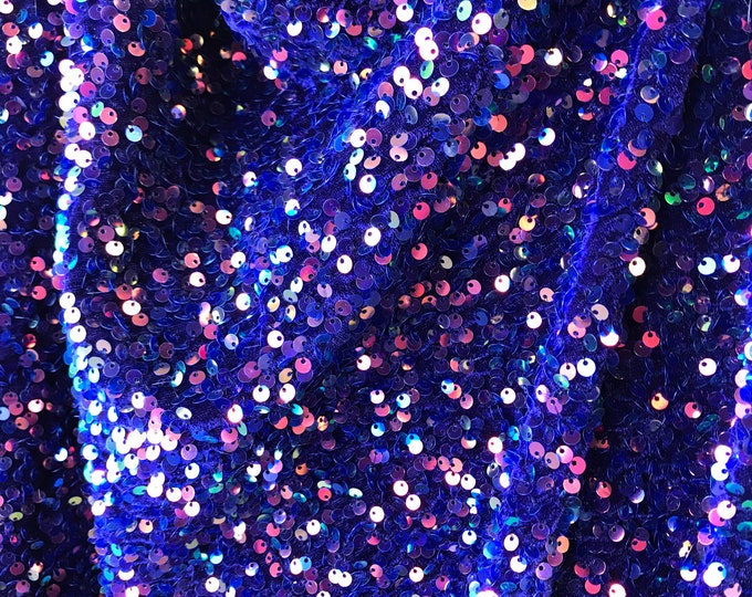 Royal Blue Iridescent  stretch velvet with luxury sequins all over 5mm shining sequins 2-way stretch, sold by the yard.