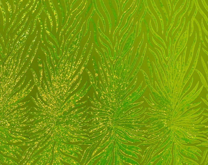 Neon lime green iridescent phoenix feather design with sequins embroider on a 4 way stretch mesh fabric-sold by the yard.