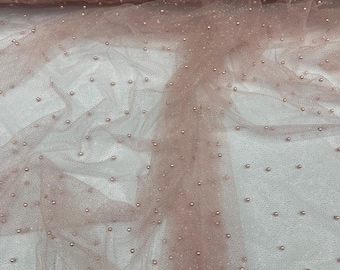 Blush Pearl Glitter Studded Mesh, 2-Way Stretch Shimmer Mesh Fabric, Sold by the yard.