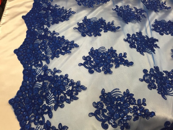Royal Blue Flower Lace Corded and Embroider With Sequins on a | Etsy