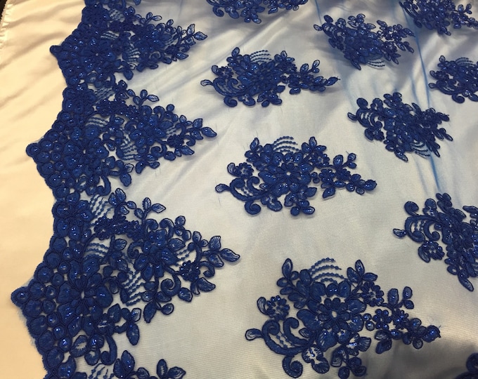 Royal blue flower lace corded and embroider with sequins on a mesh. Wedding/bridal/prom/nightgown fabric-apparel-dresses-Sold by the yard.