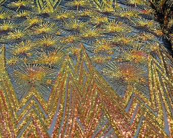 Orange iridescent geometric Star sequin design on a black 4 way stretch mesh-sold by the yard.