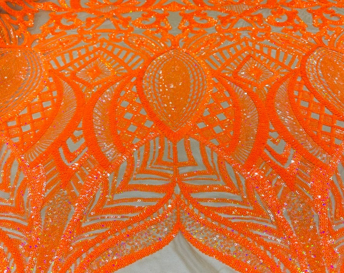 Neon orange iridescent royalty sequin design on a Nude 4 way stretch mesh-prom-sold by the yard.