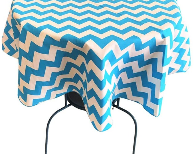 New Creations Fabric & Foam Inc, Round Poly Cotton Print Tablecloth (Chevron Turquoise, Choose Size Below