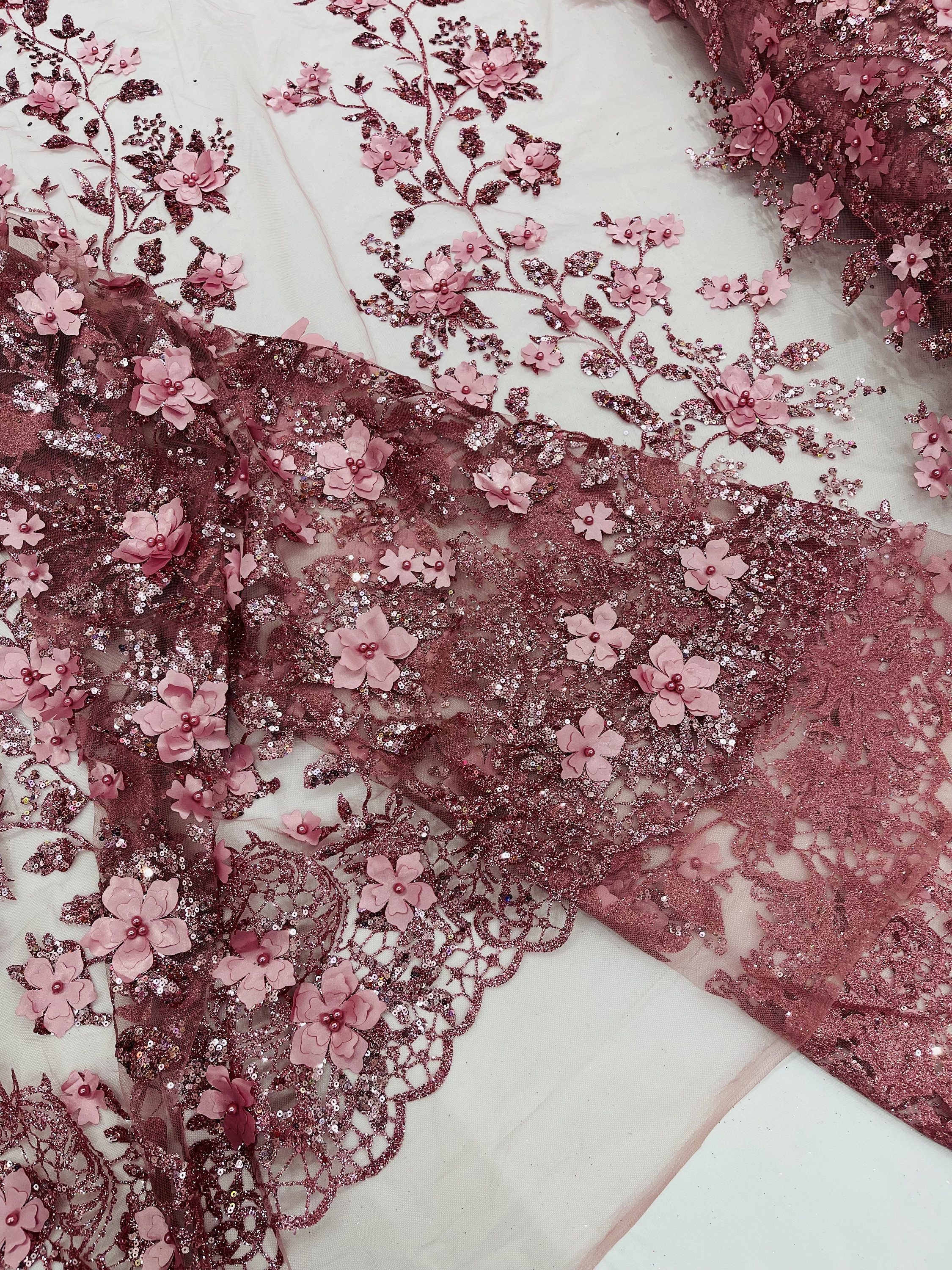Dusty Rose 3D Princess Satin Flower Glitter Sequin Lace Fabric 54" Wide ...