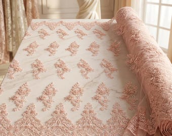 Light Pink Beaded Lace Fabric by the Yard, Floral Sequin Mesh Lace for Bridal Gown, Prom Dress, Wedding Fabric