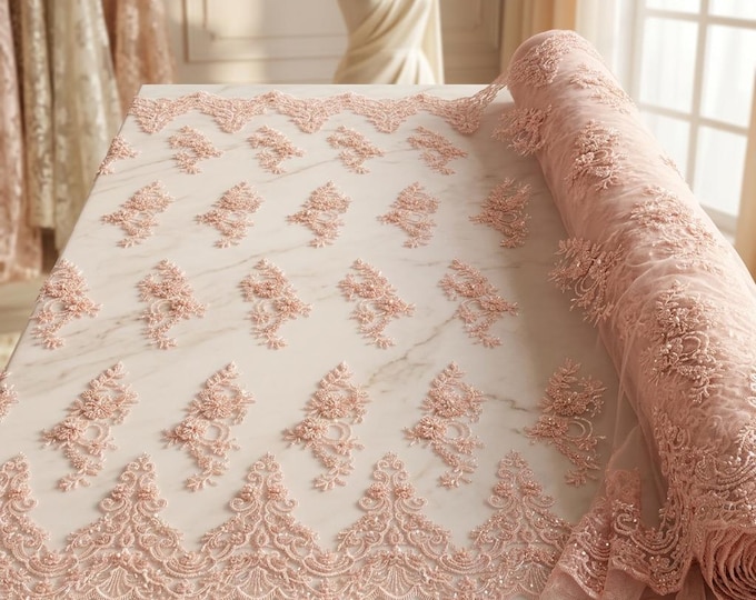 Light Pink Beaded Lace Fabric by the Yard, Floral Sequin Mesh Lace for Bridal Gown, Prom Dress, Wedding Fabric