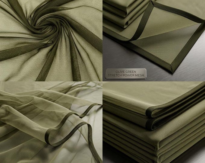 Olive Green Power Mesh Fabric 60” Wide | Sheer Stretch Nylon Spandex Mesh by Yard | Soft Breathable Fabric for Lingerie Dancewear Sewing