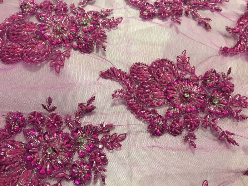 Magenta Flowers Embroider and Heavy Beaded on a Mesh Lace - Etsy