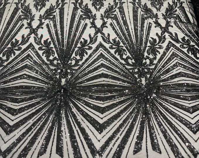 Black diamond damask design on a 4 way stretch mesh-prom-sold by the yard.