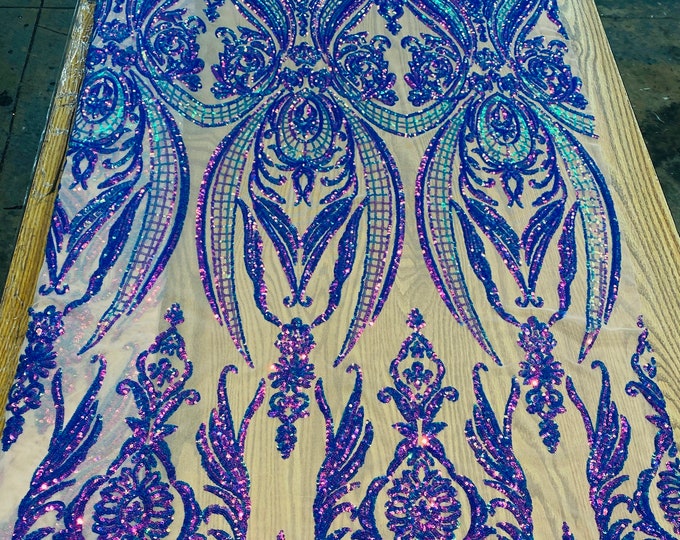 Lavender/Green iridescent sequin damask design on a nude 4 way stretch mesh-48”-50”-prom-nightgown-sold by the yard.