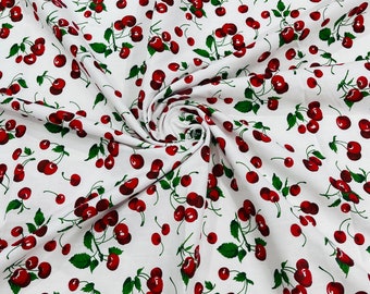 White/Red Cherry Fruit Print Poly Cotton Fabric 58” Width/Costume/Tablecloth/Decorations
