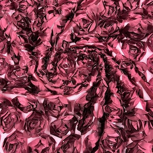 Burgundy 3D Rosette Embroidery Satin Rose Flowers  Floral Mesh Fabric by the yard