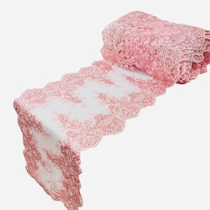 PINK 14&quot;Wide X 90&quot;Long  Sequins Gold Metallic Embroidered Lace on Mesh Fabric, Trim Lace, Table Runner.