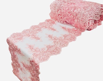 PINK 14"Wide X 90"Long  Sequins Gold Metallic Embroidered Lace on Mesh Fabric, Trim Lace, Table Runner.