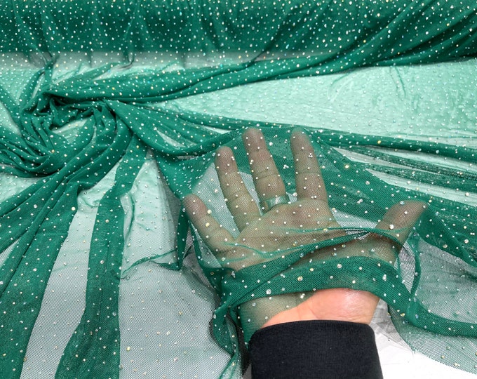 Emerald Green Sheer All Over AB Rhinestones On Stretch Power Mesh Fabric, Sold by The Yard.