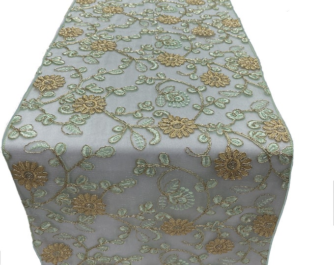 12" Wide x 90" Long Metallic Embroidery Lace Table Runner Wedding Decoration (Sage/Gold on Sage Mesh)