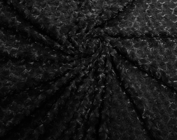 Black 58" Wide Minky Swirl Rose Blossom Ball Rosebud Plush Fur Fabric Polyester