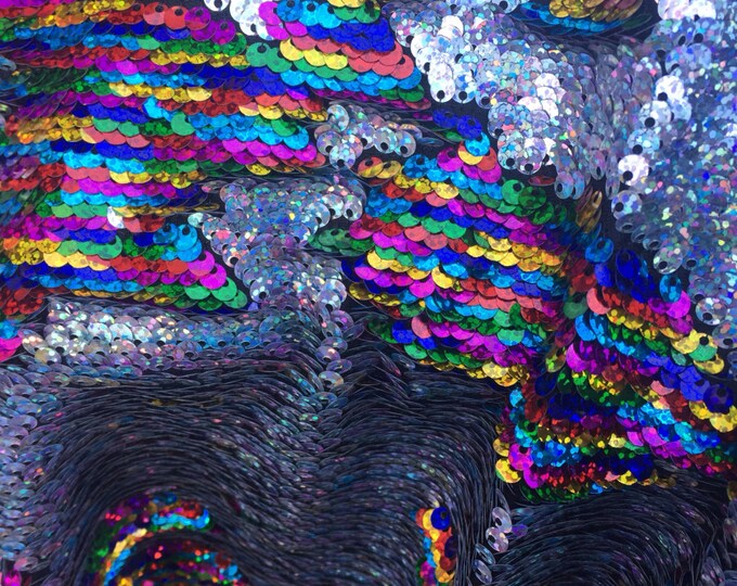 Silver/ rainbow shinny mermaid fish scale2 way stretch flip flop fabric-dresses-prom-nightgowns-decorations-sold by the yard.