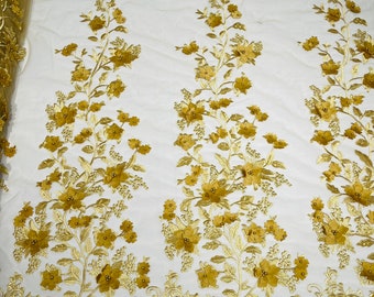Gold Emily 3d floral design embroider with pearls in a mesh lace-sold by the yard.