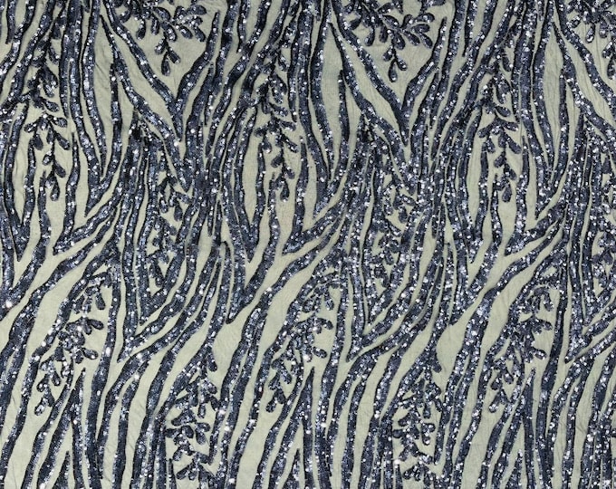 Navy Blue - Vine/Root Sequin 4 Way Stretch Mesh Fabric, by The Yard.