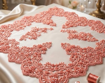 Coral Beaded Lace Fabric by the Yard, Floral Embroidered Mesh Lace for Prom, Bridal & Evening Dresses