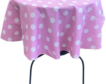 New Creations Fabric & Foam Inc, Round Poly Cotton Print Tablecloth (Polka Dot White on Pink. Choose Size Below