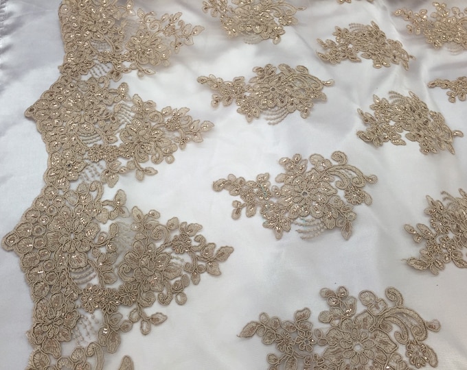 Taupe flower lace corded and embroider with sequins on a mesh. Wedding/bridal/prom/nightgown fabric. Sold by the yard.