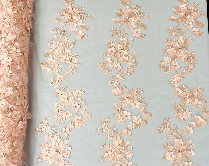 Blush  Diana 3d floral design embroider with pearls in a mesh lace-sold by the yard.