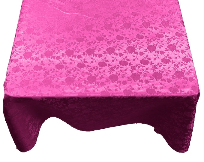 Fuchsia Roses Jacquard Satin Rectangular Tablecloth Seamless/Party Supply.