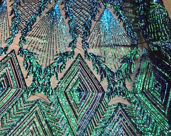 Green iridescent geometric diamond design with shiny sequins on a 4 way stretch black mesh-dresses-prom-nightgown-sold by the yard-