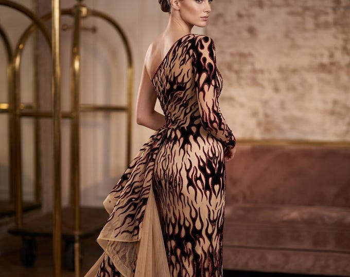 Nude Flame Fabric 60” Wide | Black Flocked Flames Mesh with Red Glitter | Elegant Couture, Upholstery & Hot Rod Fabric