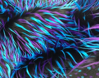 Black 3 tone multi color faux fun fur-turquoise-purple-shaggy polyster faux fur-jackets-fashion-apparel-decorations-sold by the yard.