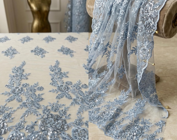 Light Blue Beaded Floral Lace Fabric By The Yard, Embroidered Mesh Bridal Lace For Wedding Dresses, Prom Gowns & Evening Wear