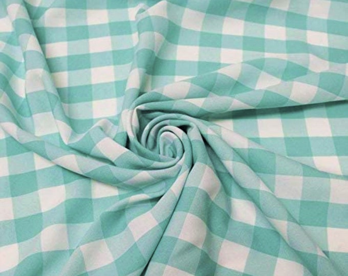 Aqua & White, 60" Wide 100% Polyester 1" Poplin Gingham Checkered Plaid Fabric.