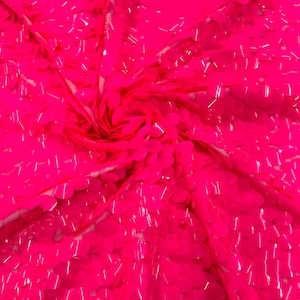 Neon Hot Pink Jumbo Sequins Oval Sequin Paillette/Tear Drop Mermaid Big Sequins Fabric On Hot Pink Mesh/ 54 Inches Wide.