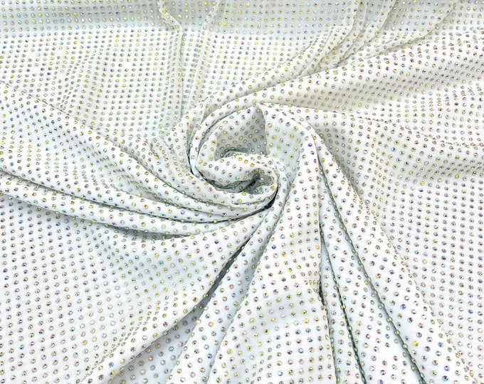 White AB-Iridescent Rhinestones On Soft Stretch Nylon Power Mesh Fabric 54” Wide -sold by The Yard.