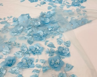 Aqua Blue Orquidia 3d floral design embroider with pearls in a mesh lace fabric-dresses-fashion-decorations-prom-sold by the yard.