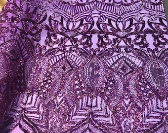 Dark purple iridescent sequin royalty design embroidery on a 4 way stretch mesh-prom-nightgown-sold by the yard-free shipping in the USA-
