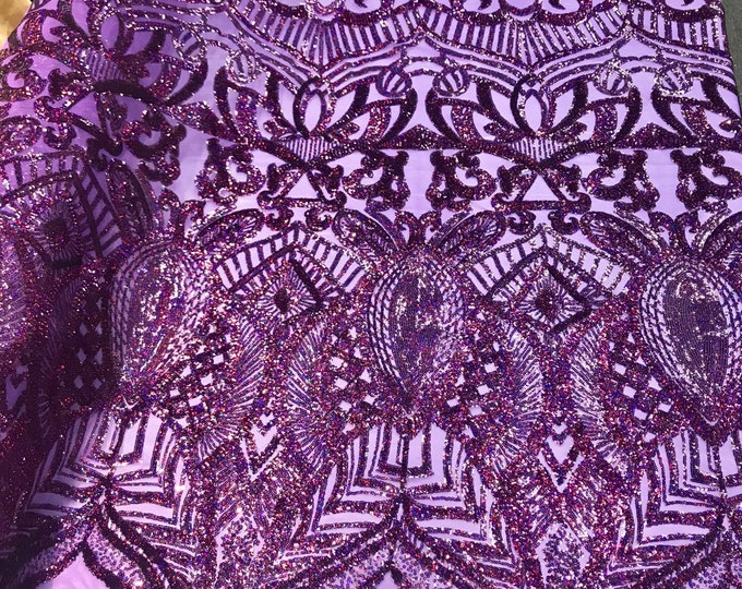 Dark purple iridescent sequin royalty design embroidery on a 4 way stretch mesh-prom-nightgown-sold by the yard-free shipping in the USA-