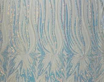 Aqua Blue iridescent sequin Wings design on a white 4 way stretch mesh fabric- prom-nightgown-by the yard-free shipping in the USA.