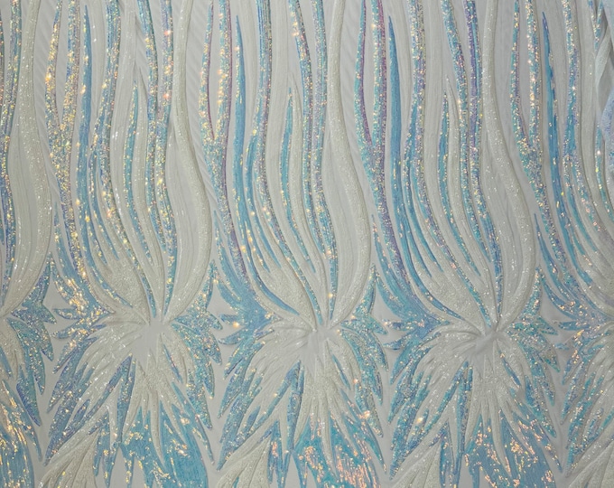 Aqua Blue iridescent sequin Wings design on a white 4 way stretch mesh fabric- prom-nightgown-by the yard-free shipping in the USA.