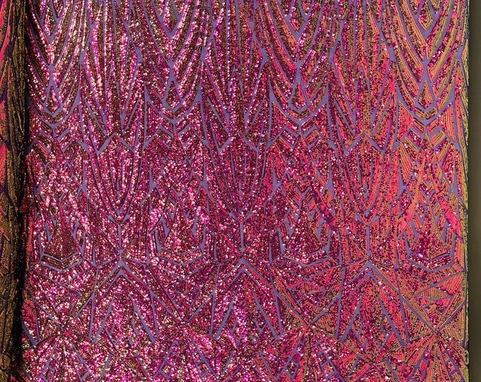 Purple iridescent Geometric shiny sequin design on a Purple 4 way stretch mesh-sold by the yard.