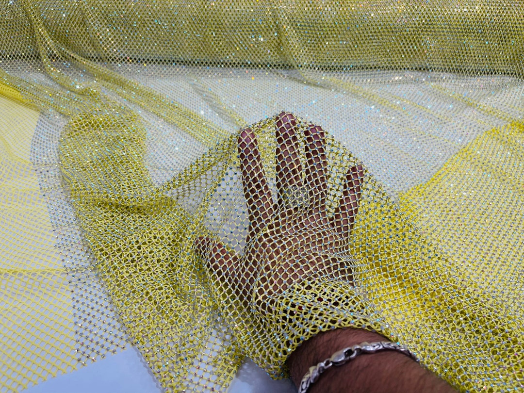 Iridescent Rhinestones On Soft Stretch Fish Net Fabric 45
