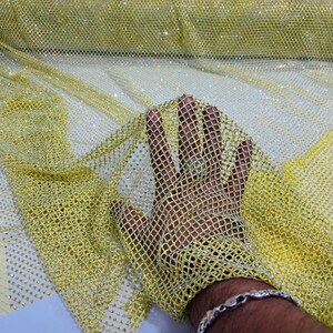 Yellow AB Iridescent Rhinestones On Soft Stretch Fish Net Fabric 45&quot; Wide -sold by The Yard.
