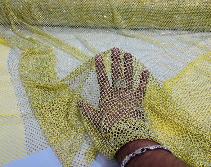 Yellow AB Iridescent Rhinestones On Soft Stretch Fish Net Fabric 45" Wide -sold by The Yard.