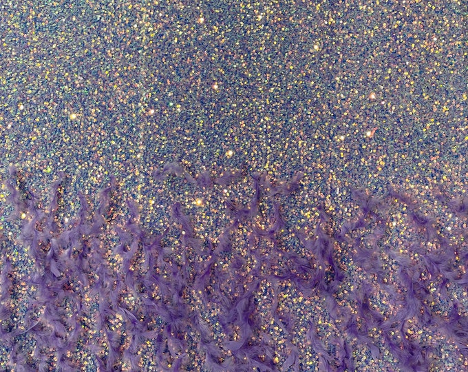 Lilac Iridescent 5mm sequins on a stretch velvet with feathers  2-way stretch, sold by the yard